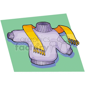 Clipart image of a purple winter sweater with a yellow scarf draped over it, set against a green background.