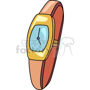 Clipart image of a wristwatch with a gold case and a brown strap.