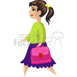 This clipart image features a young girl characterized by a cheerful and determined expression on her face, ready for school. She's wearing a lime green top with a green bow in her hair and a purple skirt. The girl is carrying a pink school bag. Her posture and smile suggest a positive attitude towards learning and education.