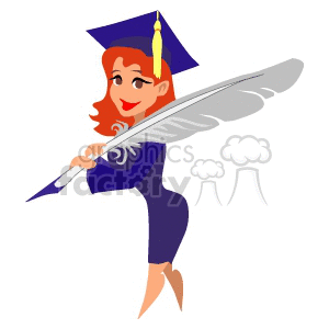 A smiling student in a cap and gown holding a large feather pen, symbolizing education and graduation.