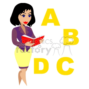 Clipart image of a teacher holding a book with large letters A, B, C, and D around her.