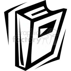 A black and white clipart image of a stylized book, representing educational supplies and school materials.