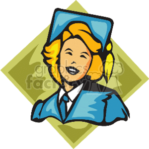 The clipart image features a stylized depiction of a joyful graduate wearing a graduation cap and gown. The graduate is smiling broadly, conveying a sense of accomplishment and happiness associated with completing an educational milestone. The image has a design that suggests celebration and academic achievement, with a geometric background that could represent the solidity of an educational foundation.