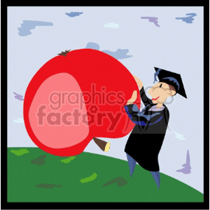 A graduate in cap and gown holding a large red apple on a grassy hill with a blue sky background.