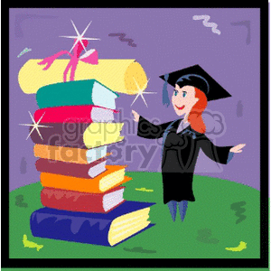 Female graduation student standing next to a stack of books