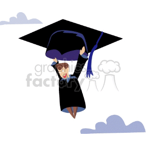 Clipart of a happy graduate floating in the sky, holding onto a large mortarboard hat, symbolizing success and achievement.