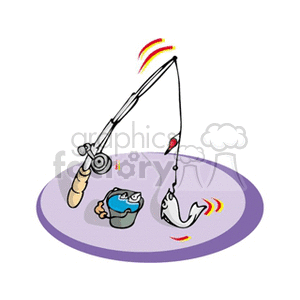 A clipart image depicting a fishing pole with a fish on the hook, alongside a bait bucket.