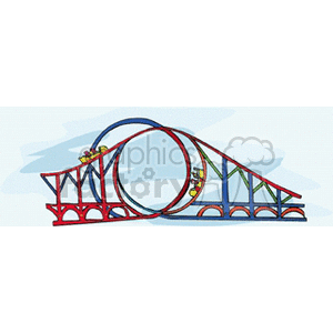 Clipart of a colorful roller coaster with a loop at an amusement park.