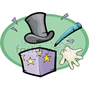 A colorful clipart image depicting various magic props including a magician's top hat, magic wand, white glove, and a cube with stars.