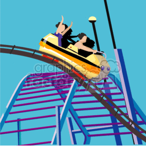 Clipart image of a roller coaster with people enjoying the ride, set in an amusement park.