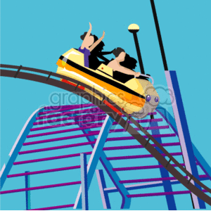 This clipart image shows a close-up view of a roller coaster track in an amusement park. The roller coaster has steep drops and sharp turns, suggesting it provides a thrilling ride for passengers. Overall, the image represents the excitement and entertainment that roller coasters and amusement parks offer to visitors.
