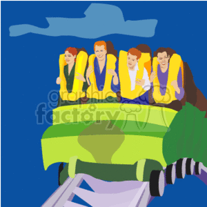   This clipart image features a group of four people riding a roller coaster. They are seated in a green coaster car with yellow restraints and appear to be enjoying the ride, as indicated by their happy expressions. The track of the roller coaster is visible below the car, and there