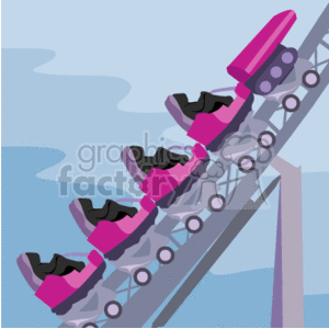 The clipart image depicts a section of a roller coaster ride. The visible elements include a series of connected roller coaster cars ascending along a track. The cars are colored in shades of pink, black, and grey. The background gives the impression of a sky, possibly indicating that the roller coaster is outdoors.