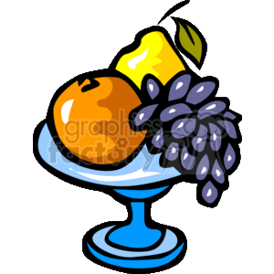 The clipart image displays a collection of fruit consisting of grapes, an orange, and a pear. These fruits are arranged on a pedestal fruit bowl with a simple blue stand, suggesting a decorative and appealing presentation commonly seen in still life art.