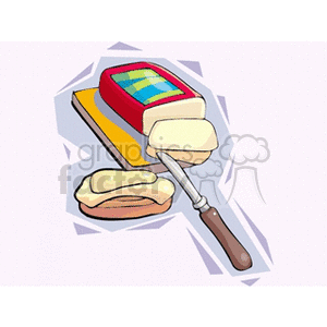 Clipart of a cheese block with slices and a knife on a cutting board.