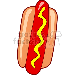 A clipart image of a hot dog with mustard on a bun.