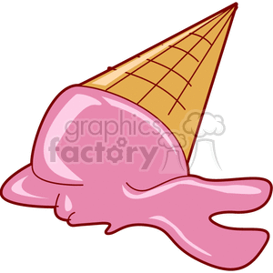 Clipart of a melting pink ice cream in a cone, lying on its side.