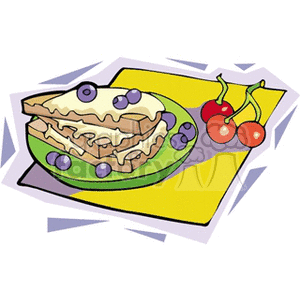 A colorful clipart image of a plate with a stack of pancakes topped with blueberries, next to a couple of cherries on a yellow surface.