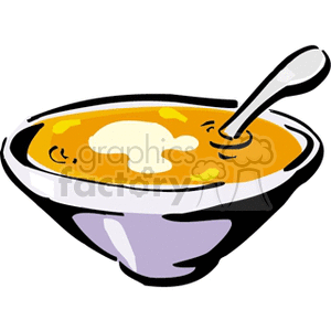 A colorful clipart image of a bowl filled with soup and a spoon inside.