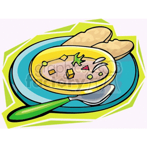 Clip Art of Soup Lunch with Bread and Spoon