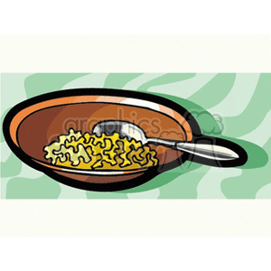 A clipart image of a bowl with yellow noodles and a spoon.