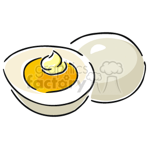 Clipart image of a deviled egg and a half hard-boiled egg.