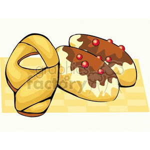 Illustration of assorted pastries including doughnuts and chocolate-topped cakes on a checkered tablecloth.