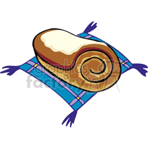 Clipart image of a cinnamon roll on a decorative cloth.