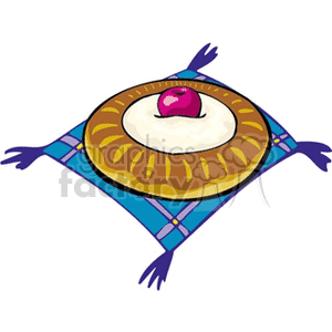 Clipart image of a dessert featuring a round cake with frosting and a cherry on top, placed on a decorative blue and purple cloth.