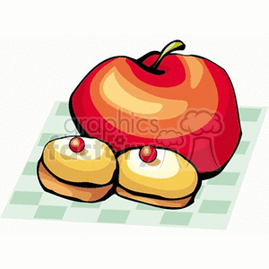 Clipart image of a red apple and two small cakes with a cherry on top, placed on a checkered cloth.