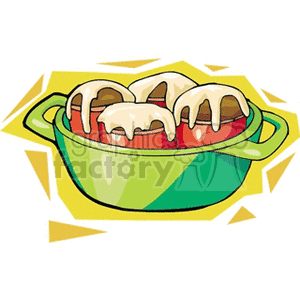 Clipart image of freshly baked cakes with icing in a green baking dish.