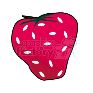 Clipart illustration of a bright red strawberry with green leaves and white seeds.