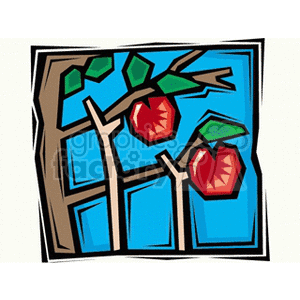 Colorful clipart of apples on a tree with a stylized artistic design.