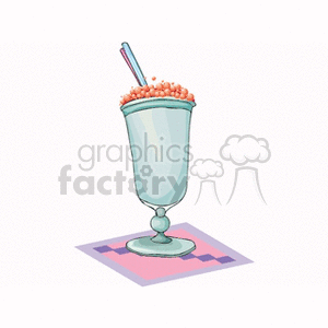 Clipart image of a tall glass with a straw, containing a beverage with a frothy top, placed on a decorative mat.