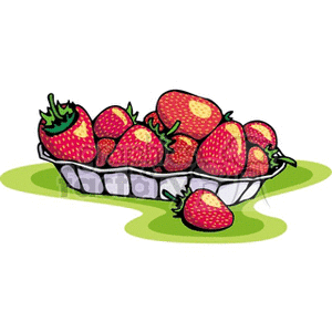 Illustration of strawberries in a container on a green surface.