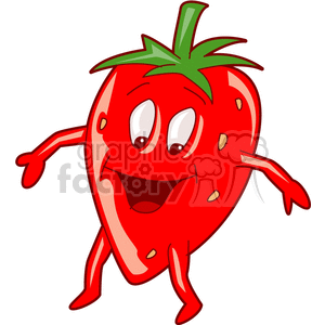 A cheerful strawberry character mascot with arms and legs, featuring a smiling face.