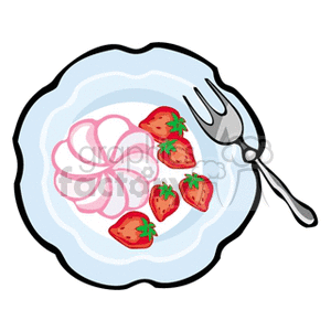 A clipart image of a plate with several strawberries and a pink dessert accompanied by a fork.