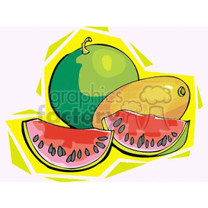 Colorful clipart illustration of sliced watermelons, a whole watermelon, and a mango.