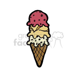 Illustration of a triple-scoop ice cream cone with different flavors.