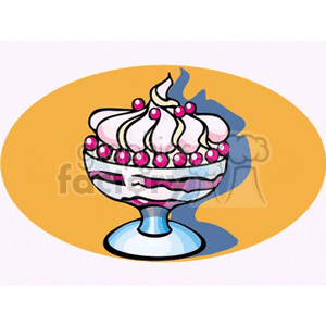 Colorful clipart image of an ice cream sundae in a bowl topped with whipped cream and cherries.