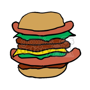 A clipart illustration of a stacked sandwich with elements of a hamburger and hotdogs, including beef patties, cheese, lettuce, and hotdog sausages.