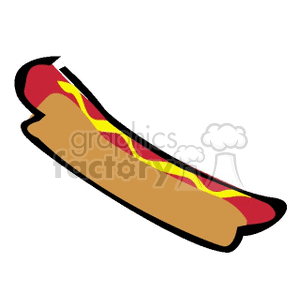 A clipart image of a hotdog with mustard in a bun.