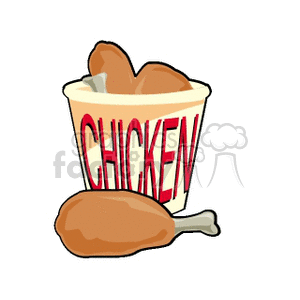 Clipart image of a bucket of fried chicken with drumsticks.