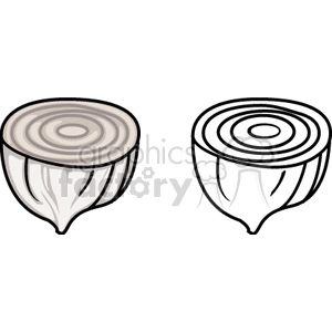 Clipart image of an onion cut in half, showcasing the internal layers. The image includes a colored and a black and white version.
