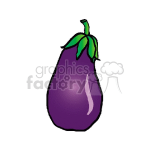 A clipart image of a purple eggplant with green leaves on top.