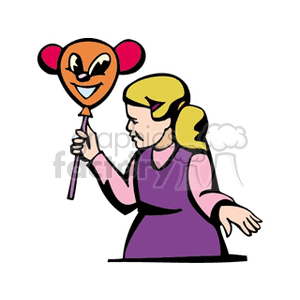 Clipart of a girl holding a cartoon character balloon, wearing a purple dress, looking playful and festive.