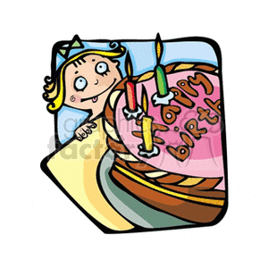 A playful clipart image featuring a girl excitedly looking at a birthday cake with lit candles and the words 'Happy Birthday' on it.