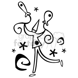 A festive and whimsical figure in a pointed hat juggling fish, surrounded by various abstract shapes and stars.