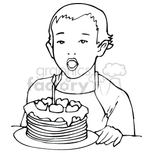 A child with short hair blowing out a candle on a birthday cake.