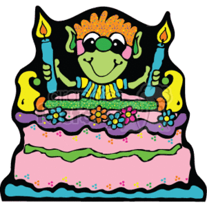   The clipart image features a colorful, multilayered birthday cake with patterns and decorations. Behind the cake, there